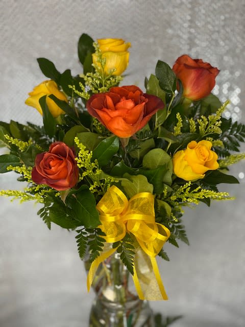 Fruits of Love - 1/2 dozen multi colored roses gathered in a loving way.