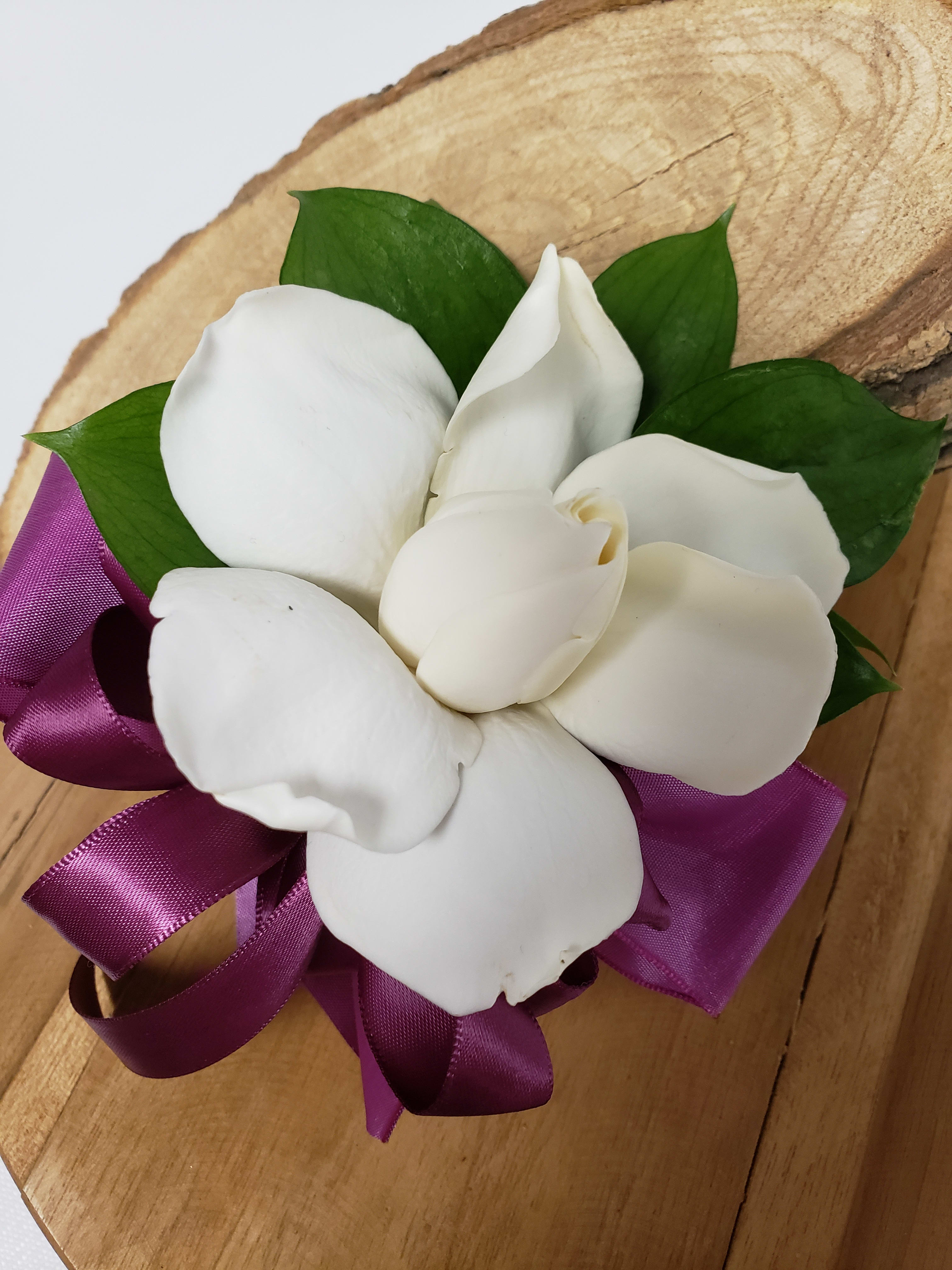 Gardenia Corsage REQUIRES 2 WEEK PRE-ORDER - Try on this incredibly fragrant, elegant wrist corsage with your choice of ribbon,
