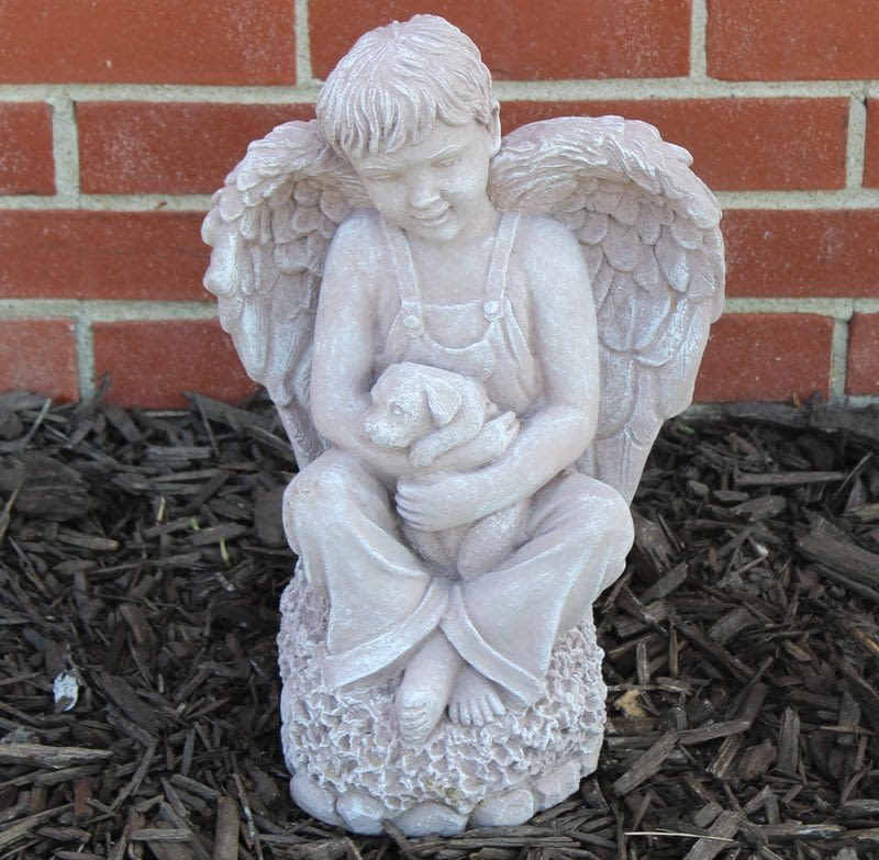 Concrete Boy Angel - A concrete boy angel holding dog. 16"