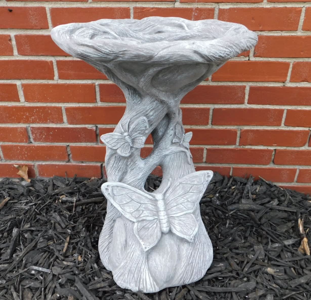 Large Concrete Butterfly Birdbath - Solid concrete birdbath will look beautiful in the front or back yard. Birds will love to come and visit as you sit on the porch and enjoy their beauty. Approx 22” h