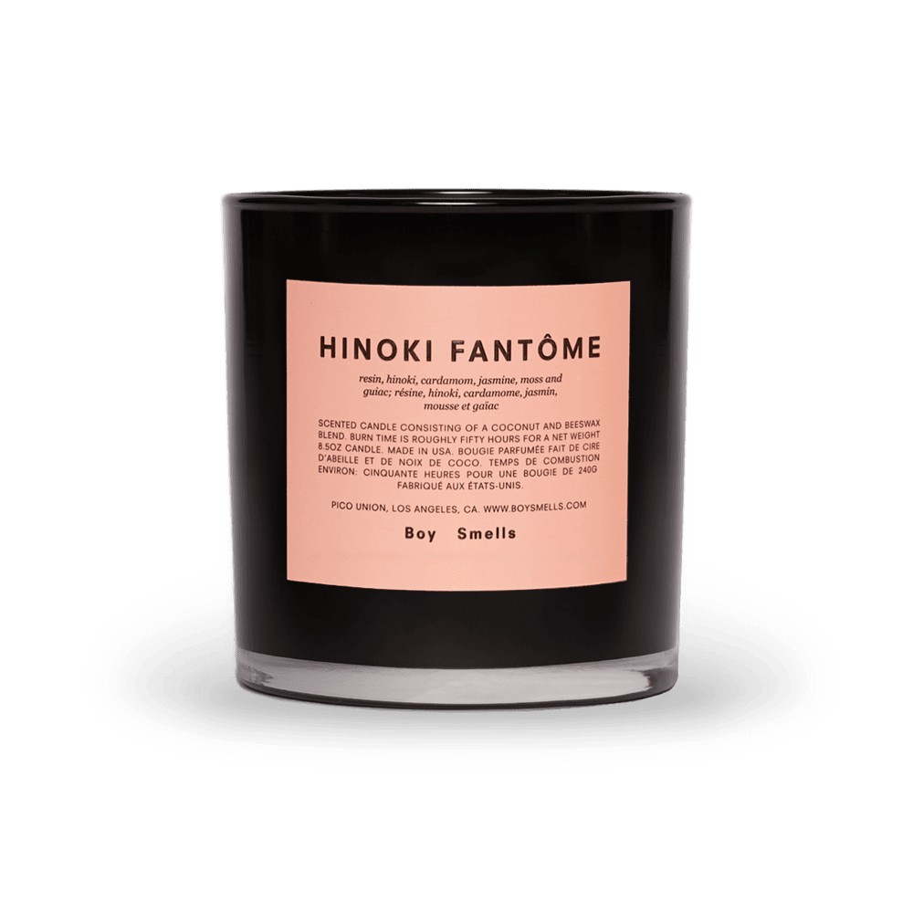 Hinoki Fantome Candle Boy Smells - resin, hinoki, cardamom, jasmine, moss and guiac  A resinous aroma of smoking Japanese cypress and jasmine petals. Warm and meditative with an element of earthy spice notes and quiet, fresh moss. Studies note that hinoki's vibrant timber can induce physiological relaxation. An absolute cold-weather necessity to warm and invigorate the nasal senses.  Coconut and beeswax blend with braided cotton wick, in glossy black glass tumbler.   Comes in embossed matte pink carton.  8.5 ounces (240g). 3.4 inches (8.6cm) tall.