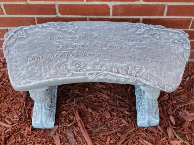 Concrete Memory/Treasure Bench - “When someone you love becomes a memory, that memory becomes a treasure.” Memorial benches bring comfort to friends and family who are grieving. Approx 27”
