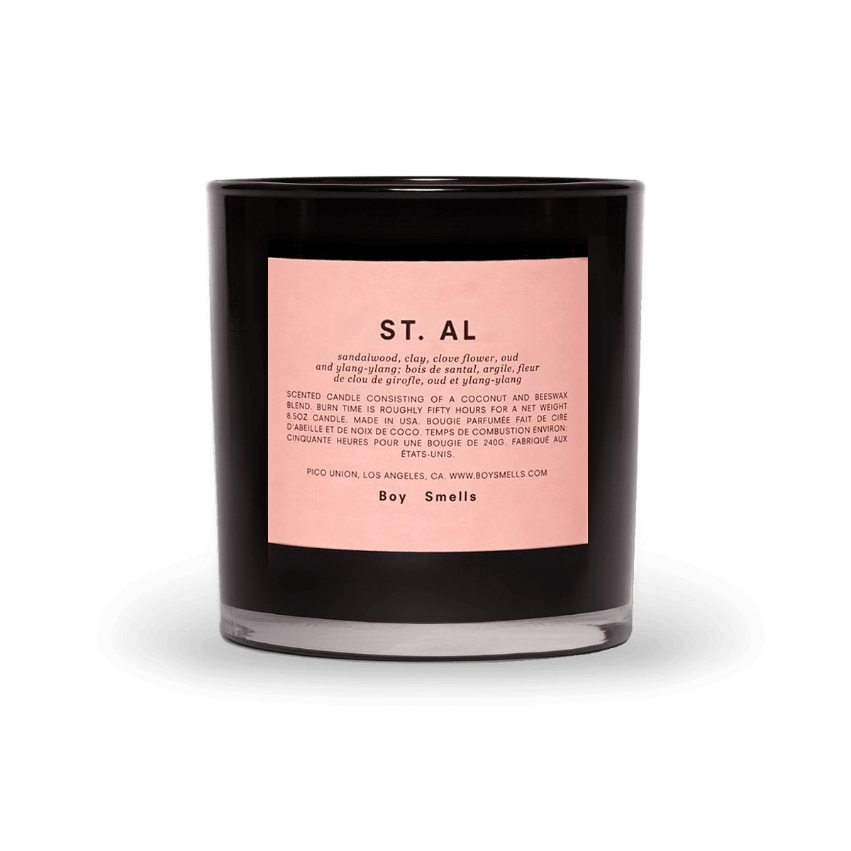 St. Al Boy Smells Candle - sandalwood, clay, clove flower, oud and ylang-ylang  The name St. Al is a play on Santal, the French term for sandalwood. This candle has powerful notes of holy wood and exotic florals, layered with undertones of frankincense. To the nose, it’s a sanctified commingling of dominant, protective sandalwood with notes of clay, clove flower, oud and ylang-ylang. It’s a clean scent with a long, ancient history.  Coconut and beeswax blend with braided cotton wick, in glossy black glass tumbler.   Comes in embossed matte pink carton.  8.5 ounces (240g). 3.4 inches (8.6cm) tall.