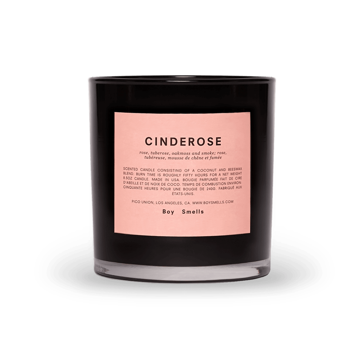 Cinderose Boy Smells - rose, tuberose, oakmoss and smoke  Inspired by the floral photographs of Gregory Crewdson, Cinderose exposes the sinister side of the familiar. Notes of rose, orange blossom, and jasmine are mixed with smoke, cedar, and birch tar to create a scent both beautiful and troubling.  Coconut and beeswax blend with braided cotton wick, in glossy black glass tumbler.   Comes in embossed matte pink carton.  8.5 ounces (240g). 3.4 inches (8.6cm) tall.