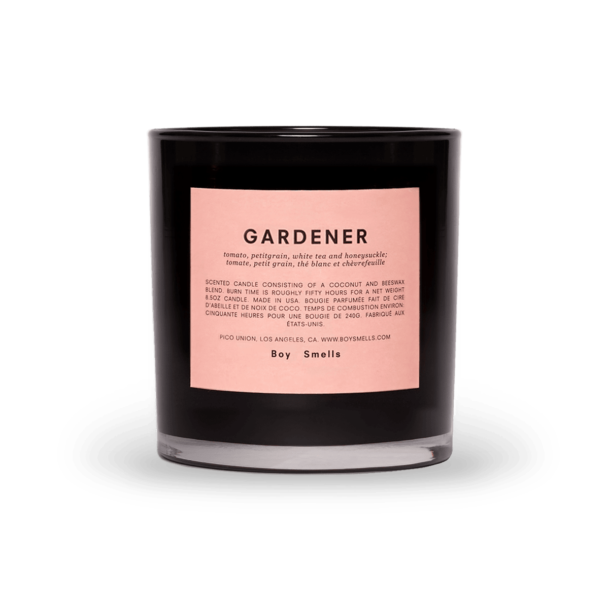Gardener Boy Smells - tomato, petitgrain, white tea and honeysuckle  Citrus groves and tomato gardens give vibrance to this scent of flora still clinging to the vine. Dominant notes of orange tree bark, tomato juice are rounded by drops of honeysuckle nectar.  Coconut and beeswax blend with braided cotton wick, in glossy black glass tumbler.   Comes in embossed matte pink carton.  8.5 ounces (240g). 3.4 inches (8.6cm) tall.