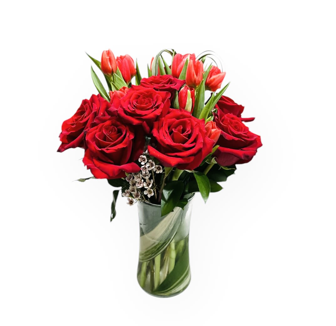 True Romance Arrangement Red Roses and Tulips  - A classic of fresh red roses and tulips beautiful arranged for love and romance.