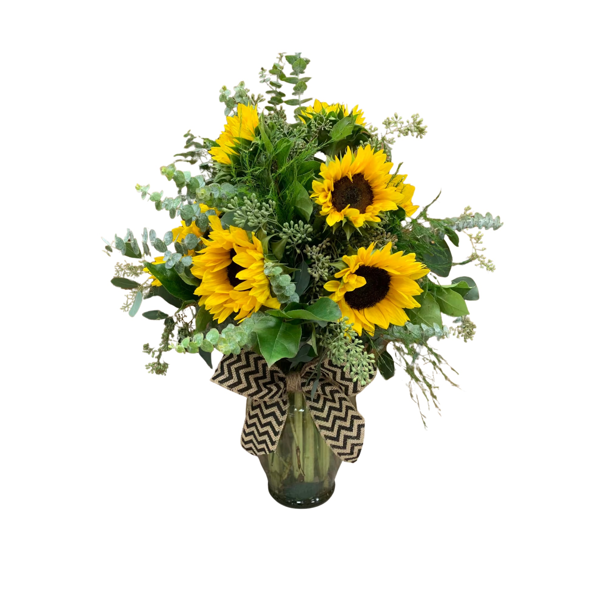 Sunflower Field - This elegant sunflower arrangement is sure to brighten anyones day! This mix of beautiful greens and sunflowers is sure to bring a smile.