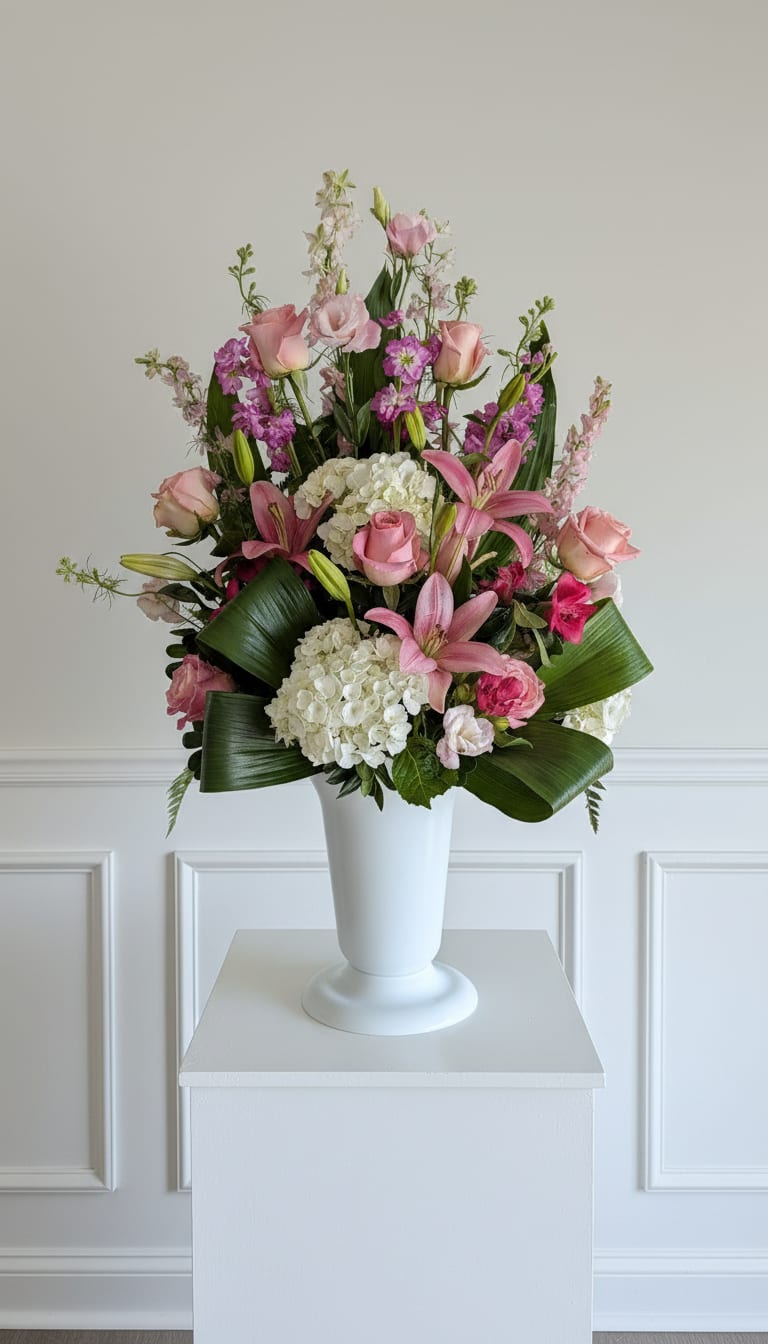 Everlasting Grace Sympathy Urn - This elegant arrangement features soft blush and pink blooms including roses, lilies, hydrangea, and seasonal accent flowers, thoughtfully layered with lush greenery for a natural, uplifting presence. Designed in a classic white urn, this piece is ideal for funeral services, memorials, or celebration-of-life ceremonies.  Each arrangement is handcrafted with care to convey comfort, remembrance, and love during times of loss.