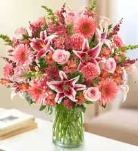 Blushing Garden Deluxe - A large and vibrant arrangement designed to make a stunning impression. This eye-catching display features fragrant oriental lilies, striking stargazer lilies, soft pink roses and carnations, bright orange snapdragons, mauve stock, and cheerful pink gerbera daisies. Accented with lush fresh greens, the arrangement is beautifully presented in a clear glass vase (vase may vary due to availability), creating a colorful and elegant statement perfect for any occasion.