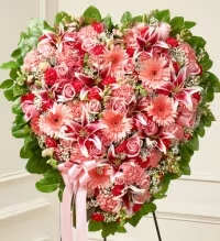 Soft Bloom Heart Spray - A lush and elegant standing spray featuring a solid heart design in soft pink tones. This full and textured arrangement includes a beautiful mix of oriental lilies, gerbera daisies, roses, cushion mums, carnations, mini carnations, stock, and spray roses. Accented with fresh greens and finished with a flowing long-tail bow, this design creates a graceful and heartfelt tribute filled with warmth and beauty.