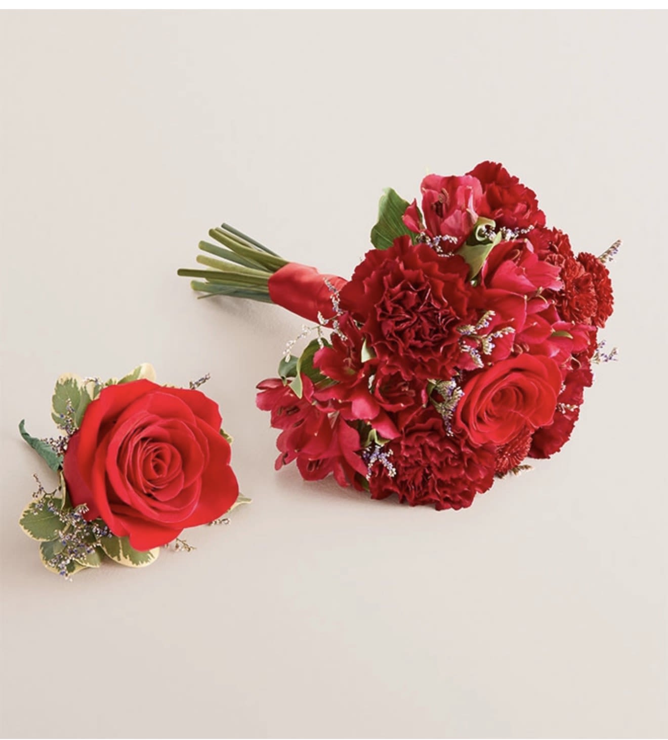 Bouquet &amp; Boutonniere Set (Red) - A beautifully coordinated bouquet and boutonniere set designed to complement each other with elegant balance and timeless charm. Crafted with carefully selected blooms and textures, this pairing adds a refined, cohesive touch to any special occasion.