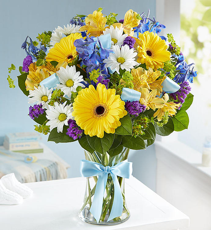 Sweet Baby Boy - Celebrate a new baby boy with a precious hand-designed arrangement. Our happy bouquet of fresh blue, yellow and white blooms in a glass vase tied with blue ribbon, is a beautiful and thoughtful way to congratulate the proud parents on their little bundle of joy.   All-around arrangement with yellow Gerbera daisies and Peruvian lilies (alstroemeria); blue delphinium; white daisy poms; purple statice; accented with bupleurum and salal tips