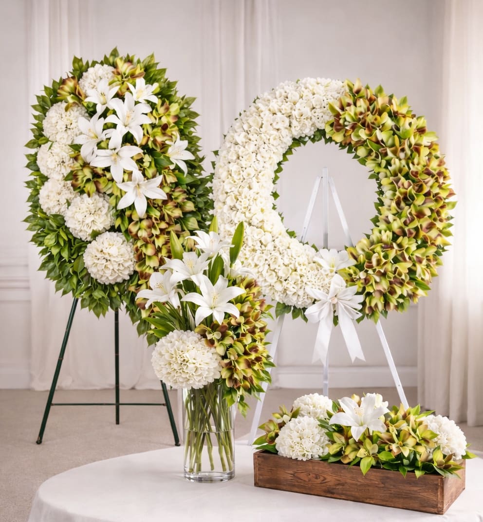 Complete Silk Funeral Tribute Collection (Silk)  - The Complete Silk Funeral Tribute Collection is a coordinated set of four elegant silk funeral arrangements designed to create a beautiful and meaningful memorial. This collection includes a standing easel spray, a sympathy wreath, a tall vase arrangement, and a wooden box memorial arrangement. Each design features white hydrangeas, elegant lilies, and cymbidium orchids arranged in a timeless style that symbolizes peace, remembrance, and love.  Crafted with premium silk flowers, these arrangements offer a lasting tribute that can be kept and displayed long after the funeral service. This complete funeral flower set provides a cohesive and elegant presentation for memorial services, celebration of life ceremonies, and funeral services throughout Houston.