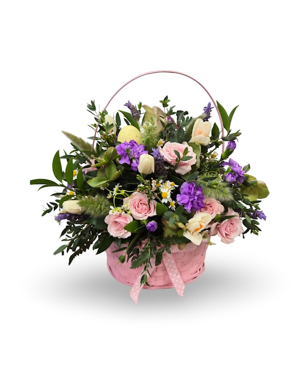 Basket of Blooms - Basket of Blooms is a harming collection of pastel spring flowers arranged in a sweet keepsake basket. Filled with fun textures and fresh seasonal blooms, its the perfect gift for any occasion. Approx. 12" x 12"  *Basket color may vary, such colors are shown in the second photo. If a color is preferred, please put this in the special instructions and we will do our best to accommodate.*