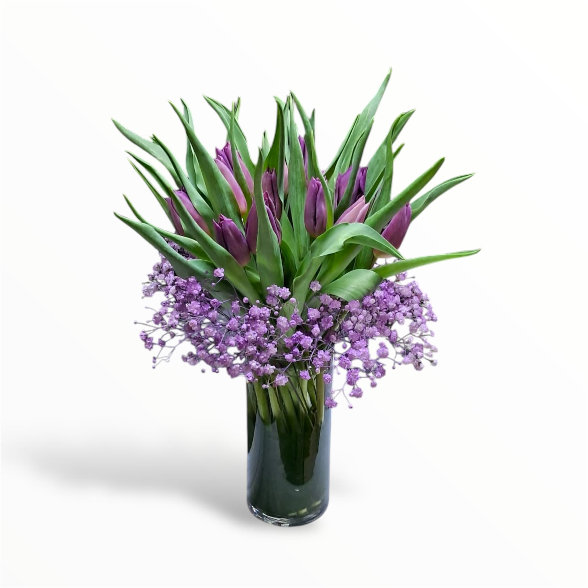 Ambition  - This wonderful arrangement has purple tulips with baby breath.  
