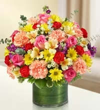 Spring Bloom Medley - A bright and cheerful arrangement that captures the vibrant colors of spring. This lively design features a harmonious mix of mums, roses, carnations, stock, daisies, alstroemeria, white asters, and fresh greens. Bursting with color and texture, it creates a joyful and uplifting presentation perfect for celebrating any special occasion or bringing a touch of spring indoors.