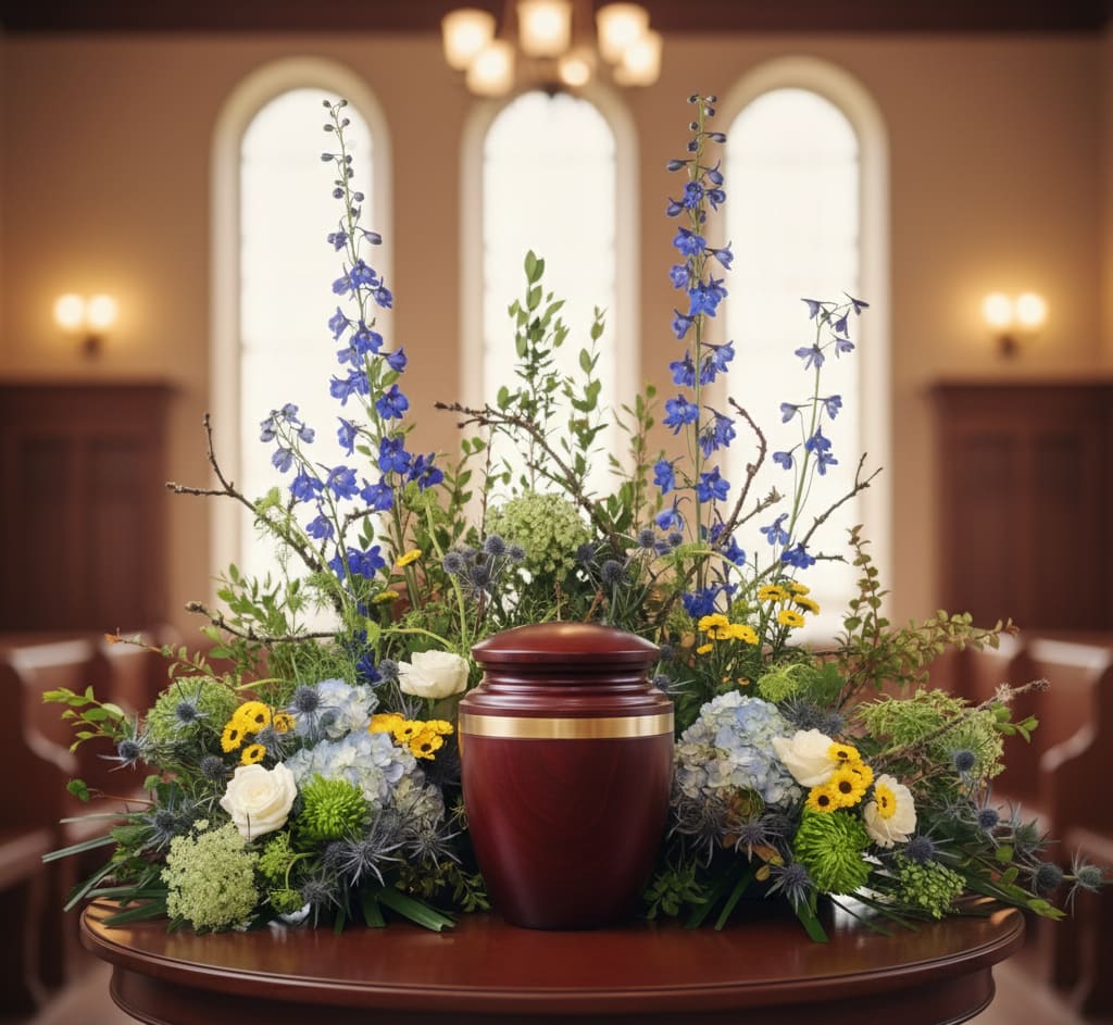 Cremation urn surrounded by blue delphinium, hydrangeas, white roses and yellow flowers in a chapel.