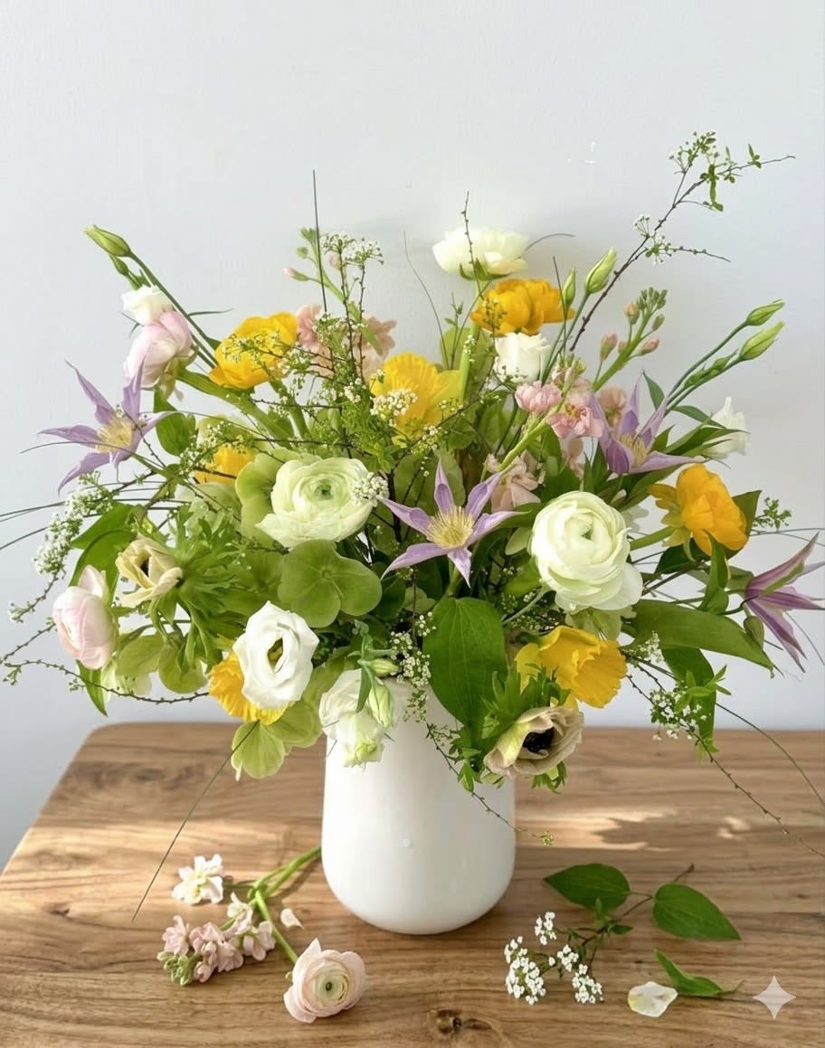 Spring Wonderland  - This airy looking spring arrangement includes all our favorite spring flowers, daffodils, hellebores, clematis, spiraea, ranunculus and assorted greens. This arrangement is presented in a simple white ceramic vase.  