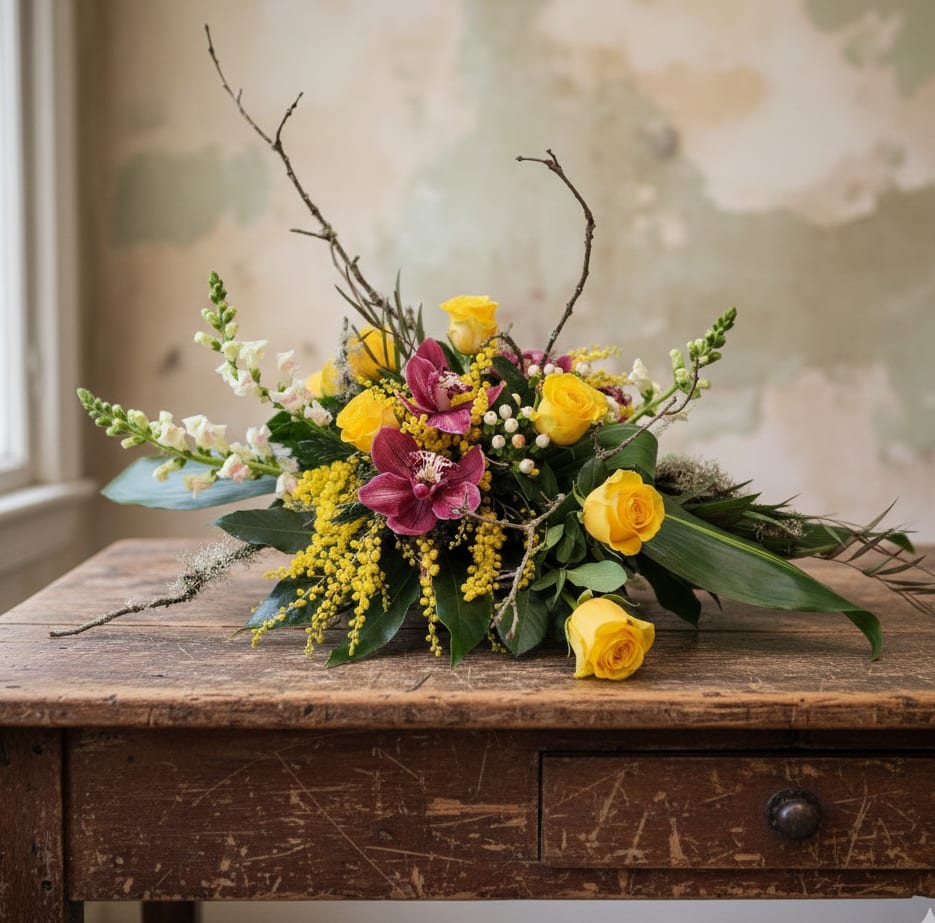 Low arrangement of yellow roses, pink orchids, and white snapdragons on a rustic wooden table