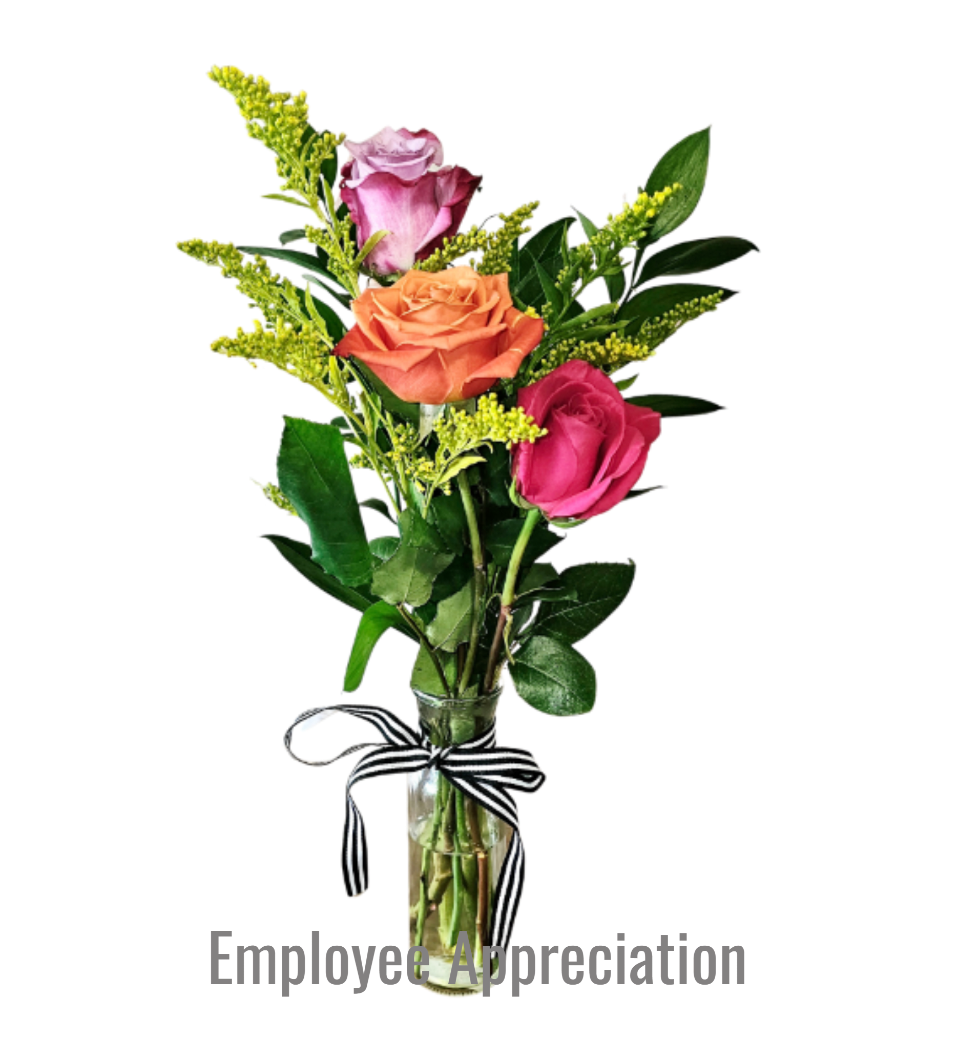 Small bud vase with pink, orange, and lavender roses with yellow filler and a striped ribbon.