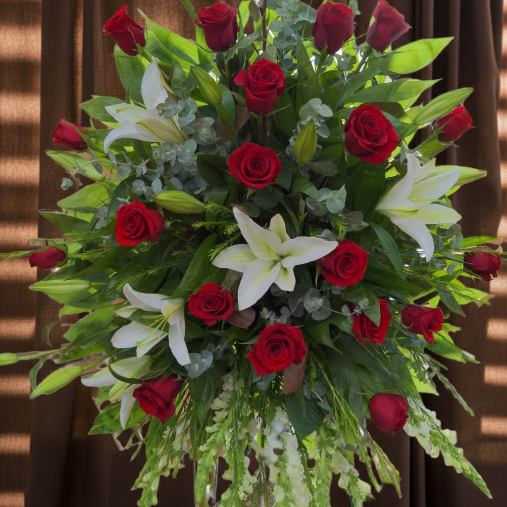 SAE08 Stars &amp; Stripes Sympathy Spray - Please Call for Availability Of Flowers  