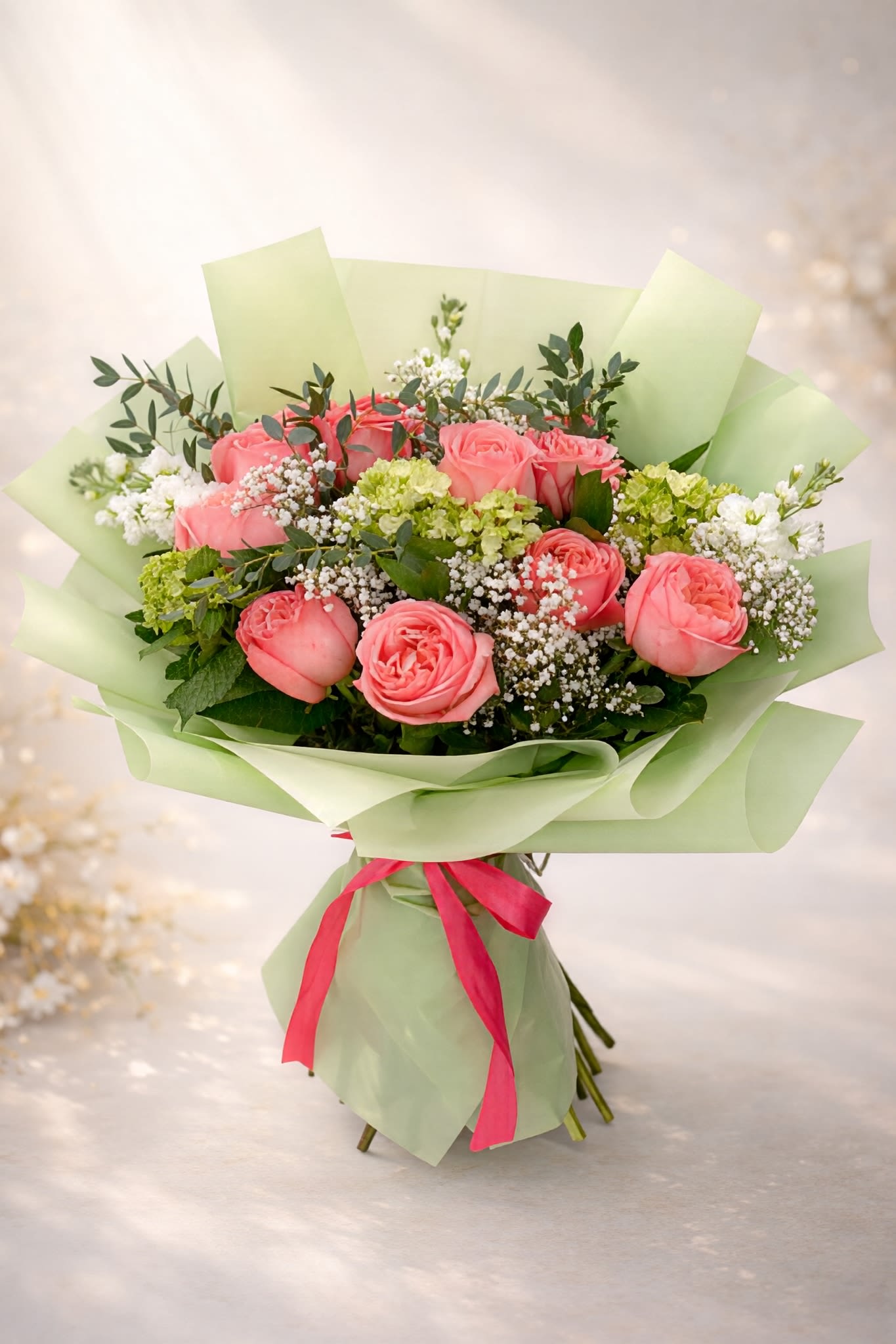 Bloom0415 - Beautiful bouquet with roses, baby breath and Hydrangeas, NO VASE