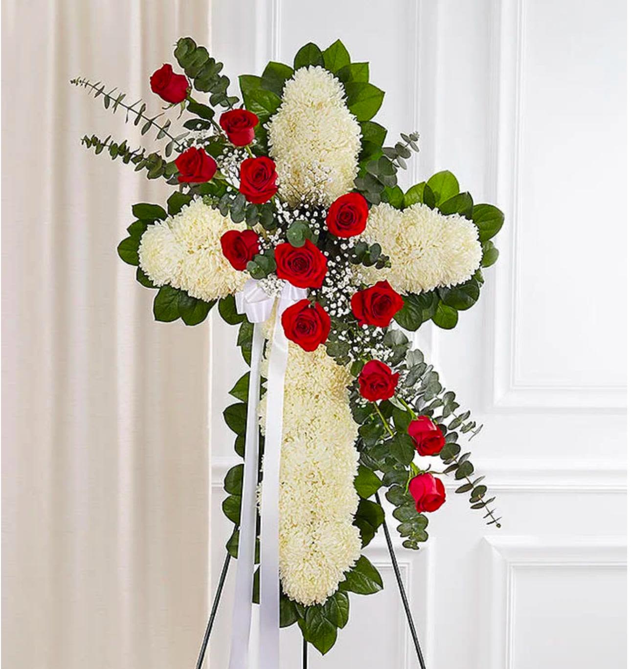 Peace &amp; Prayers™ Red &amp; White Standing Cross - If faith was an important part of their life, our standing cross arrangement is a special way to honor a loved one’s memory.