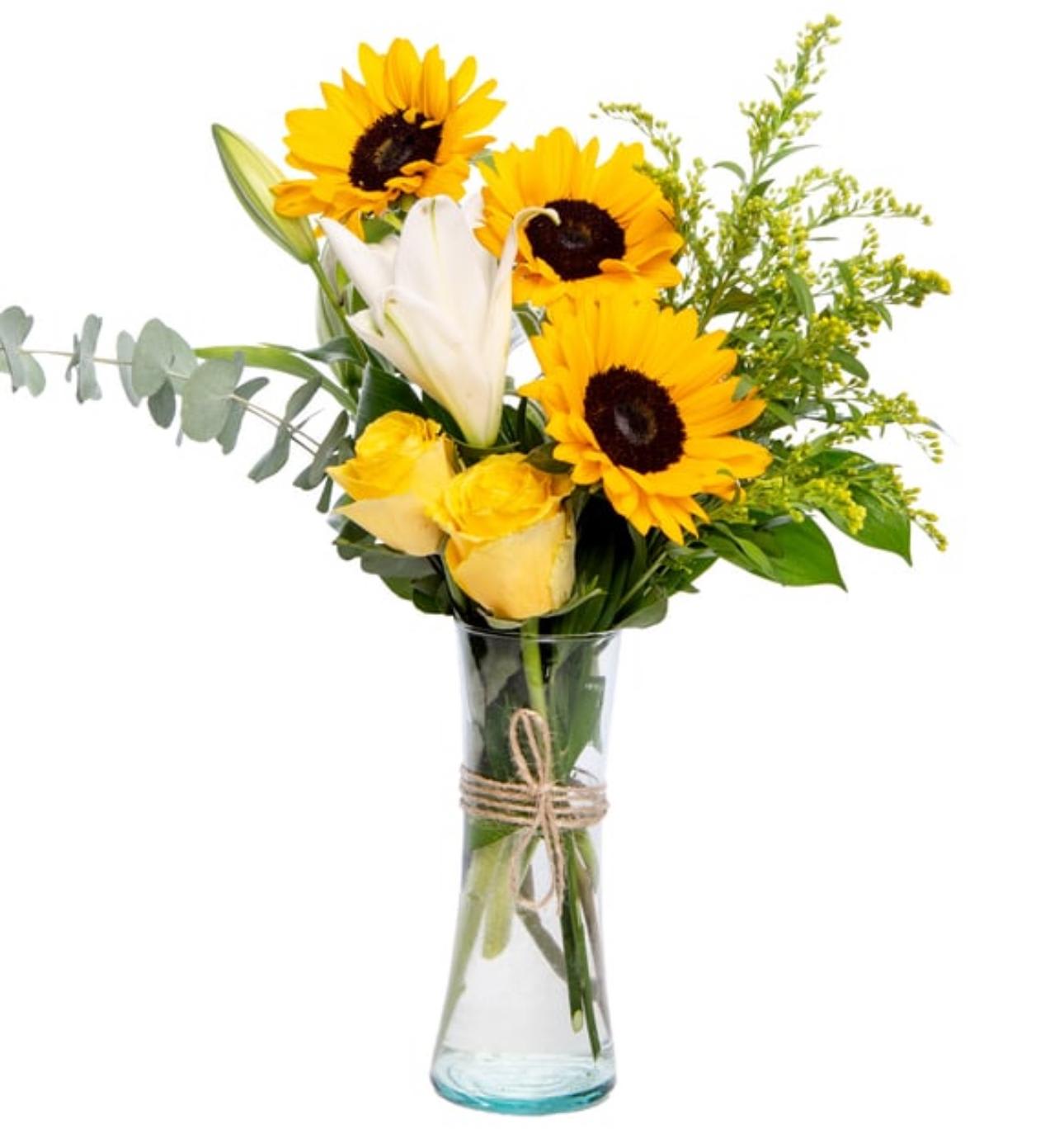 Sunniside - sunni-side arrangement consist of 3 sunflowers and 2 yellow roses and a white lilly