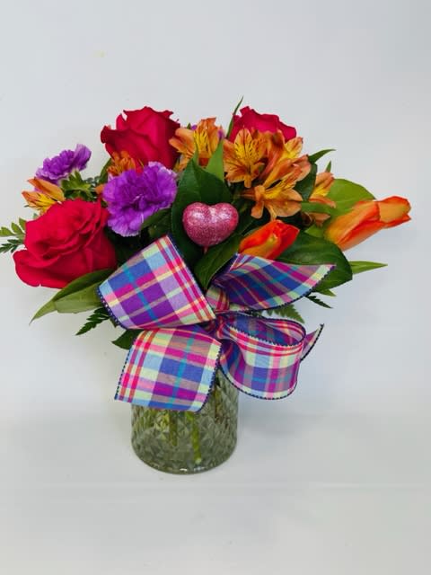 Precious Petals - 3 roses mixed among other seasonal Valentine flowers.