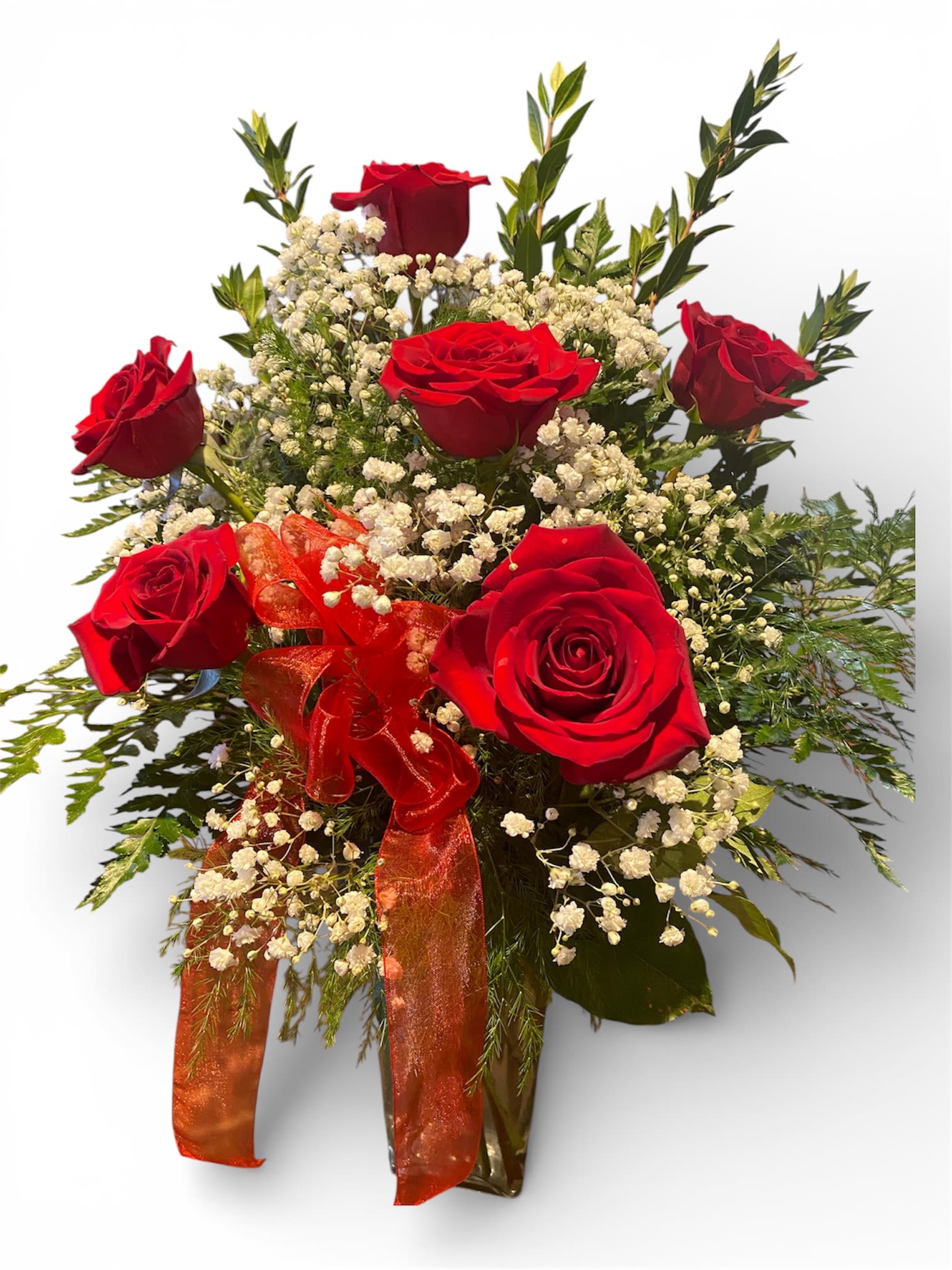 6 Long Stem Rose Arrangement - 6 Long Stem Roses arranged in vase with greenery and baby's breath 