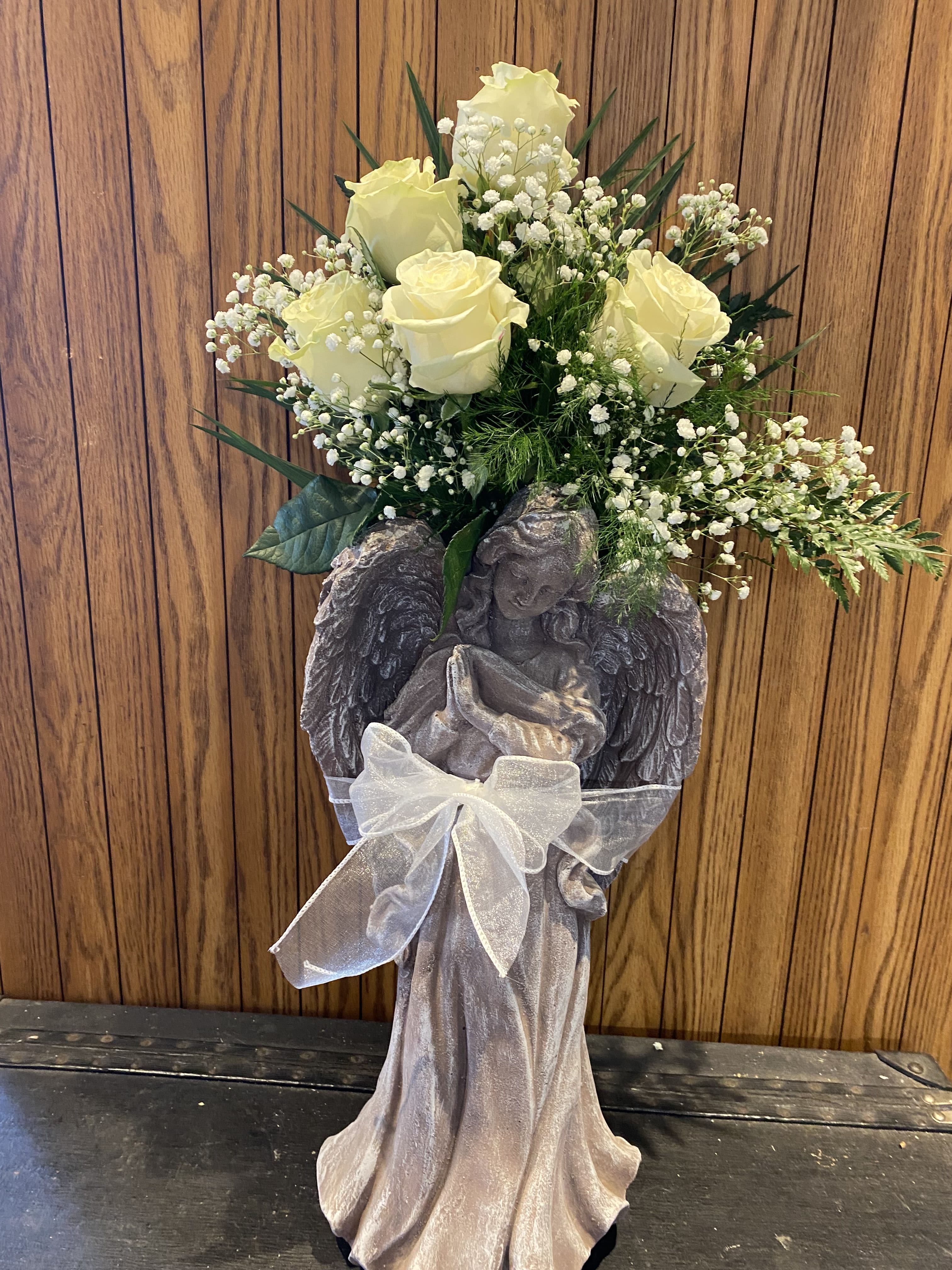 Memorial Ribbon Angel  - Beautiful Memorial Praying Angel with Fresh Roses and Baby's breath added. Angel height 20"
