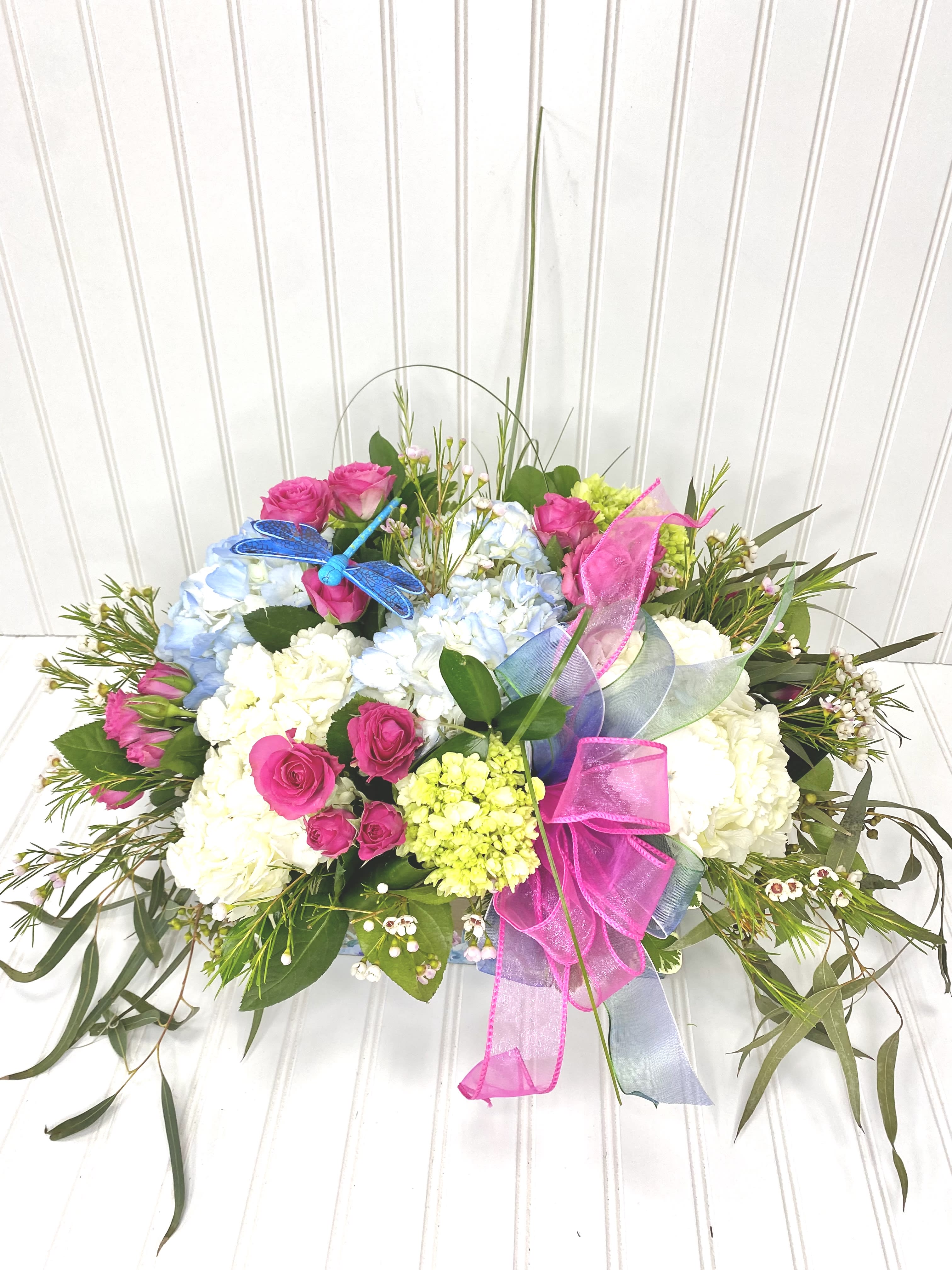 Dazzling Dena - Beautiful combination of pinks and blue blooms in a really cute cute wooden box that has hand painted. 