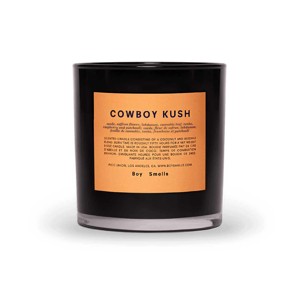 Cowboy Kush Boy Smells - suede, saffron flower, labdanum, pot leaf, tonka, raspberry and patchouli  The scent is akin to “enjoying a joint at a rousing rodeo.” This tumbleweed of a scent is a dusty accumulation of suede and saffron, with puffs of pot and patchouli floating through. It has some dust, it’s dry-earthy, it’s grounded. It’s a warm, well-worn saddle of a scent.  Coconut and beeswax blend with braided cotton wick, in glossy black glass tumbler.   Comes in embossed matte suntan carton.  8.5 ounces (240g). 3.4 inches (8.6cm) tall. 