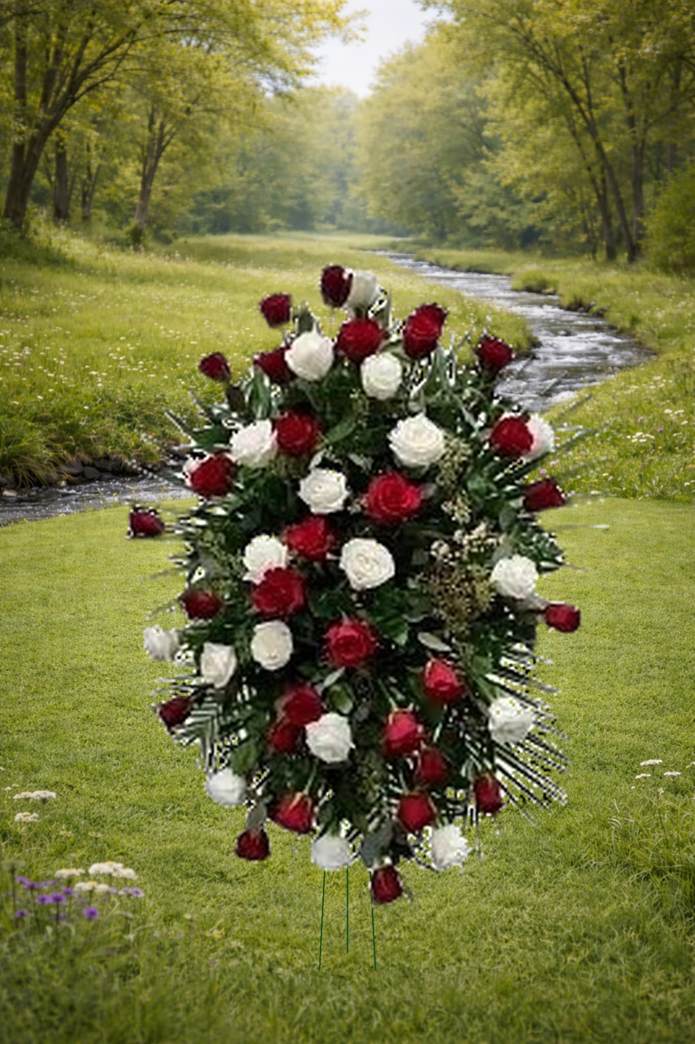 Red and White Rose Easle - Strong red and pure white roses offer a fitting tribute to a life well lived. Deluxe