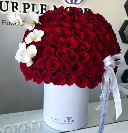 100 Red Roses with orchid - Container size D10.5'x H12.25'  Plain roses in a box and orchids. A stunning fusion of passion and elegance, our 100 Red Roses with Orchid arrangement is designed to take their breath away. Lush, velvety roses are paired with delicate white orchids, symbolizing both eternal love and refined beauty. Presented in our signature luxury box with a satin ribbon, this arrangement is the ultimate choice for making a grand, unforgettable impression.  •    100 premium red roses with fresh white orchids     •    Artfully arranged in a luxury hatbox with satin ribbon accent     •    Combines the romance of roses with the elegance of orchids     •    Perfect for anniversaries, proposals, milestone celebrations, or any occasion where only the best will do  Different colors available 