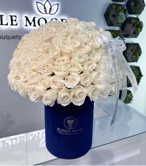 100 White Roses In a Box - Container size D10.5'x H12.25'  Plain roses in box. Graceful and timeless, our 100 White Roses arrangement embodies purity, elegance, and sophistication. Handcrafted with fresh, premium white roses and presented in a luxurious velvet hatbox, this design makes an unforgettable impression. Whether given as a symbol of admiration, respect, or eternal love, it’s the perfect gesture for weddings, anniversaries, milestones, or moments when words aren’t enough.       •    100 premium white roses in a luxury hatbox     •    Elegant dome-shaped design tied with a satin ribbon     •    Represents purity, respect, and everlasting love     •    Ideal for weddings, anniversaries, condolences, or sophisticated celebrations  Different colors available