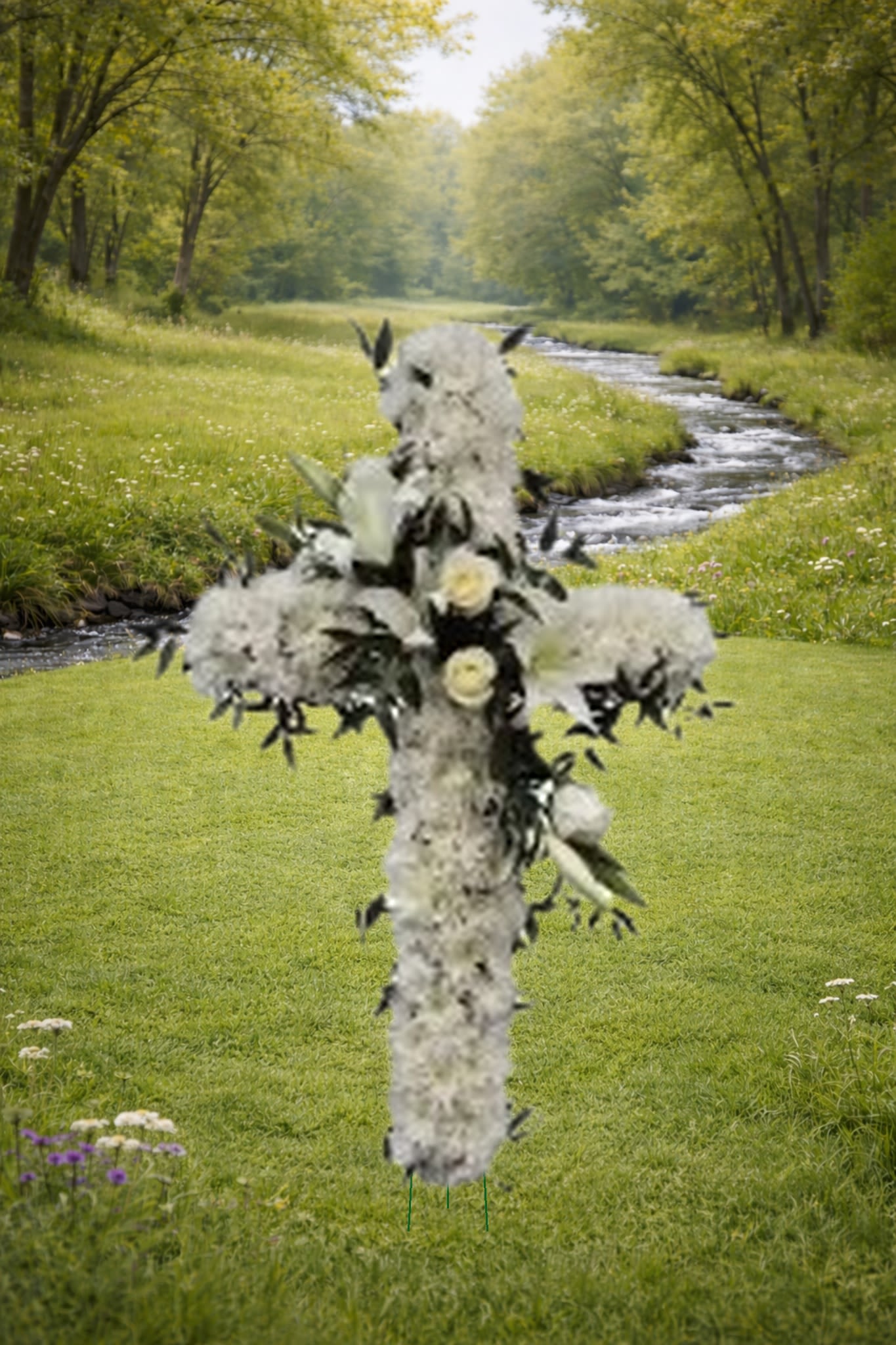 K641 Heavenly Peace 36"  Cross Easel - The All-White Cross is a beautiful and heartfelt tribute, symbolizing peace, purity, and a life well lived. This elegant floral arrangement is expertly crafted with pristine white blooms, forming a graceful cross that serves as a touching expression of love and remembrance. A carefully placed cluster of lush white roses enhances its beauty, adding a sense of serenity and reverence. This stunning display is a perfect way to honor and celebrate the memory of a cherished individual, offering comfort and solace to those who are mourning.