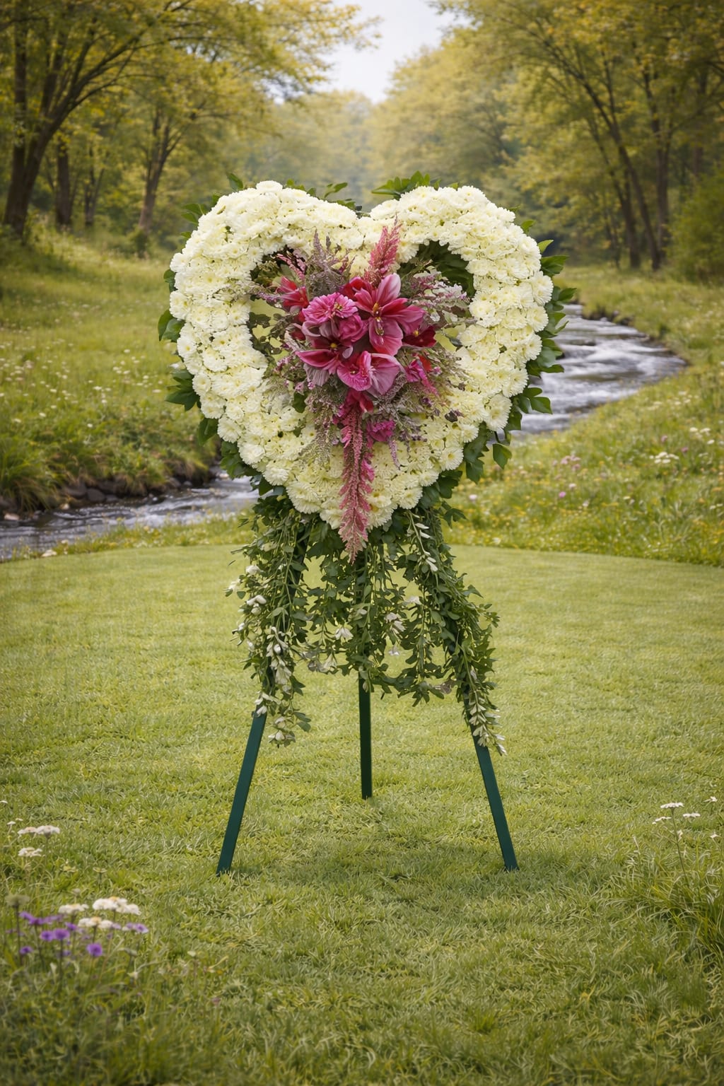 Heart-shaped standing wreath of white flowers with pink lilies and cascading green foliage on an easel outdoors.