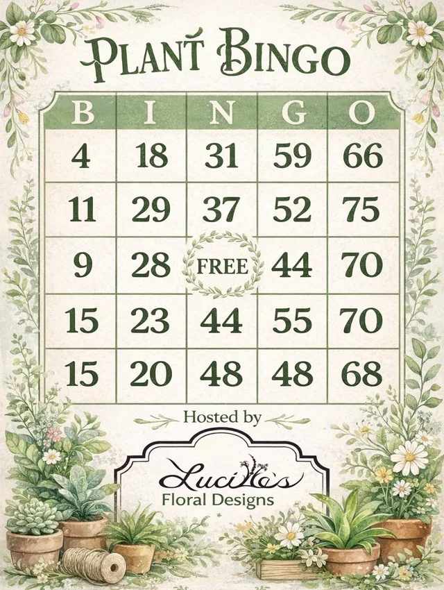 Plant Bingo 5/14 6pm - Join us for a night of fun and prizes 5/14 at 6PM! Cost is $25.00 per guest. We will host a bingo night with prizes of plants in all shapes and sizes. Indoor exotic tropical plants, succulents, blooming, outdoor and more! A great way to celebrate the season and support your community flower shop. Admission includes a board and raffle tickets. Bring cash to increase your odds, additional bingo boards will be available while supplies last for $10.00/each. Additional raffle tickets will be available for $5.00/each. *Please choose 5/14 as delivery date and be sure to toggle to the pick up option in the check out prompts. This makes for a great Mother's Day gift you can present to her on Sunday!!!! Standard is admission for one, deluxe admission for two and Premium admission for three. Larger groups please call direct or put multiple in your cart. Seats will be limited! Admission is non refundable unless Lucille's Floral Designs has to cancel the event. We will have non alcoholic beverages available, you are welcome to bring your own snacks and beverages of choice!