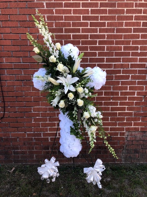 EVERLASTING HOPE - MEMORIAL CROSS DESIGNED IN ARTIFITIAL CARNATIONS WITH FRESH FLOWERS ARRANGED DIAGNALLY. PLEASE SPECIFY PREFFERED COLOR OF FRESH FLOWERS.