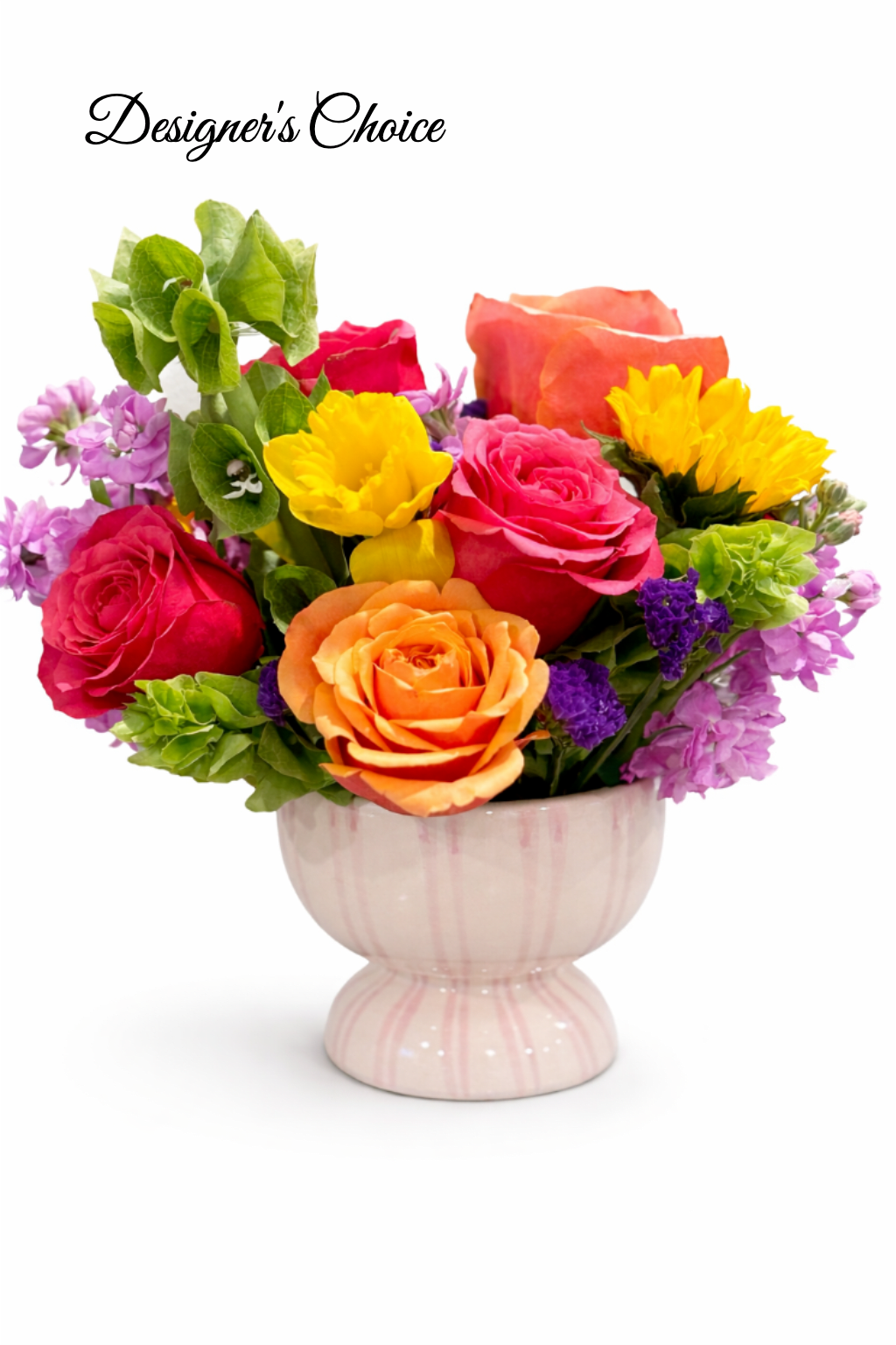 Hello Spring Vase 4.75"x 4" - Whether celebrating spring, Mother's Day, or any time of year, the petite ceramic Robbi Compote brings dimension &amp; a bit of color to a centerpiece. Featuring a watercolor hand painted application of imperfect purple double line stripes from foot to rim.