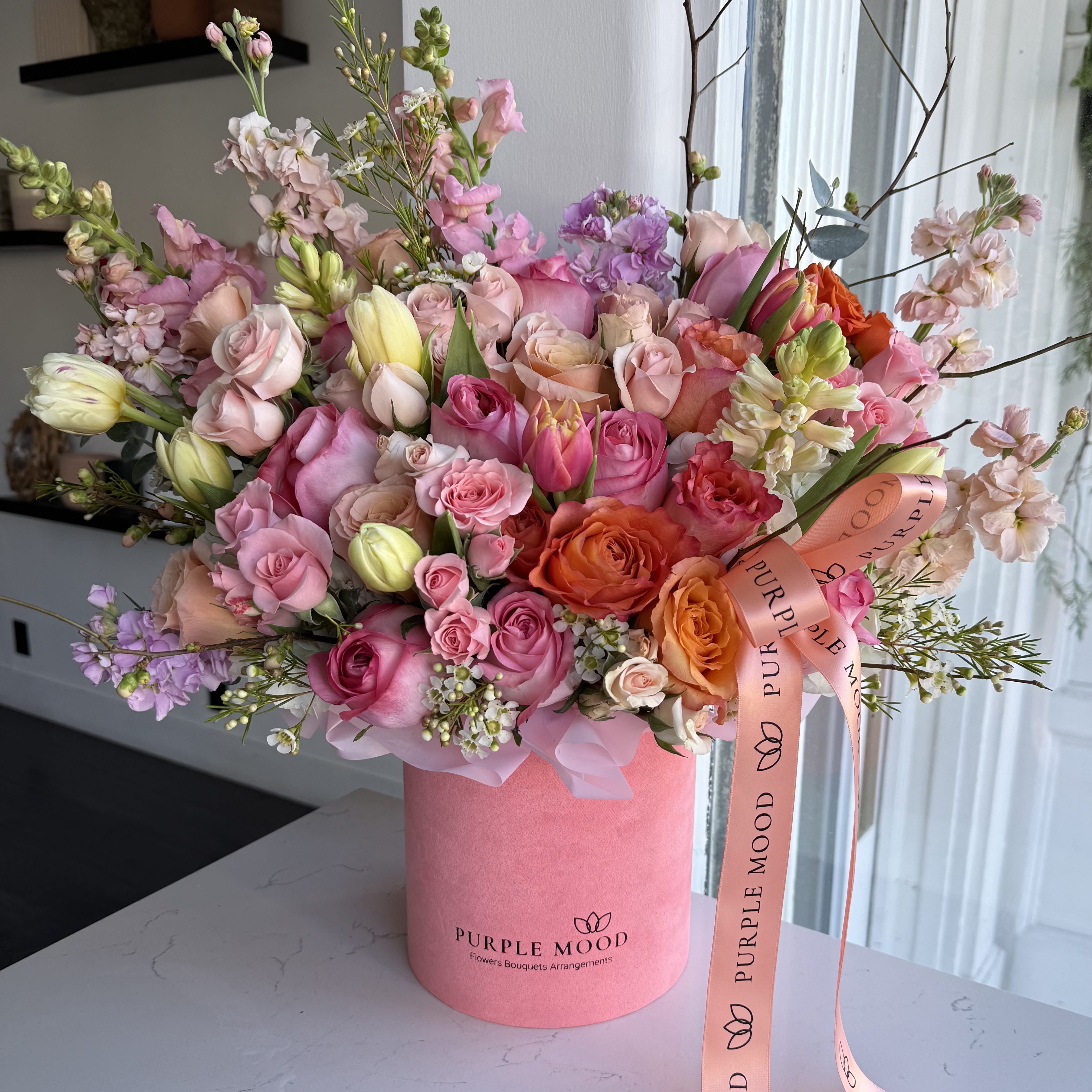 Morocco Box - Coral box with flowers. Standard size same as pictured. Container size D6.75'x H7.5' Deluxe size is next size, including bigger box and more flowers. Container size D8.25'x H9.5'