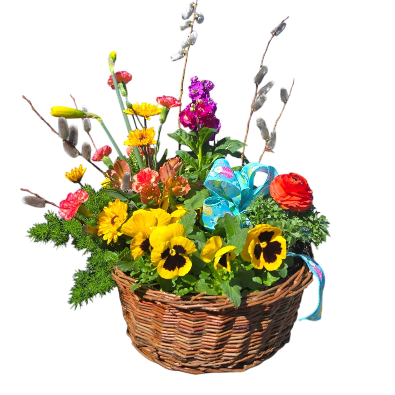 Spring Blooms Basket - Description: Spring is finally here! This Spring Blooms Basket includes outdoor blooming plants such as ranunculus, pansies and more all arranged inside a basket with fresh colorful blooms of flowers. 
