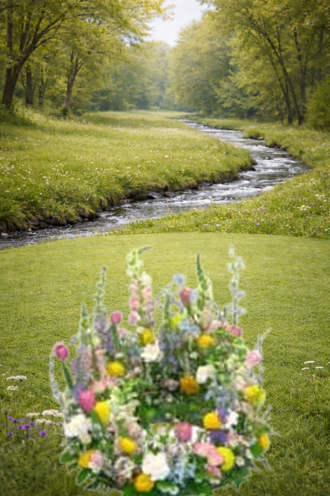 K616  Colors of Comfort Urn Wreath  - k616 The English Garden style Urn Wreath offers a soft and gentle tribute, creating a serene and heartfelt setting for the urn at a funeral service. This beautiful arrangement features a harmonious combination of seasonal flowers in various shades and hues, bringing a tender and calming ambiance to the table where the urn is placed.  Flowers will vary with the seasons, ensuring a fresh and unique display that reflects the beauty of nature throughout the year. We are happy to accommodate your wishes to feature certain colors, allowing for a personalized touch that honors your loved one's memory.  The Colors of Comfort Urn Wreath provides a truly gentle and sweet goodbye, capturing the essence of an English garden in bloom and offering a fitting tribute to the life and love shared. The Premium wreath is featured in this picture.