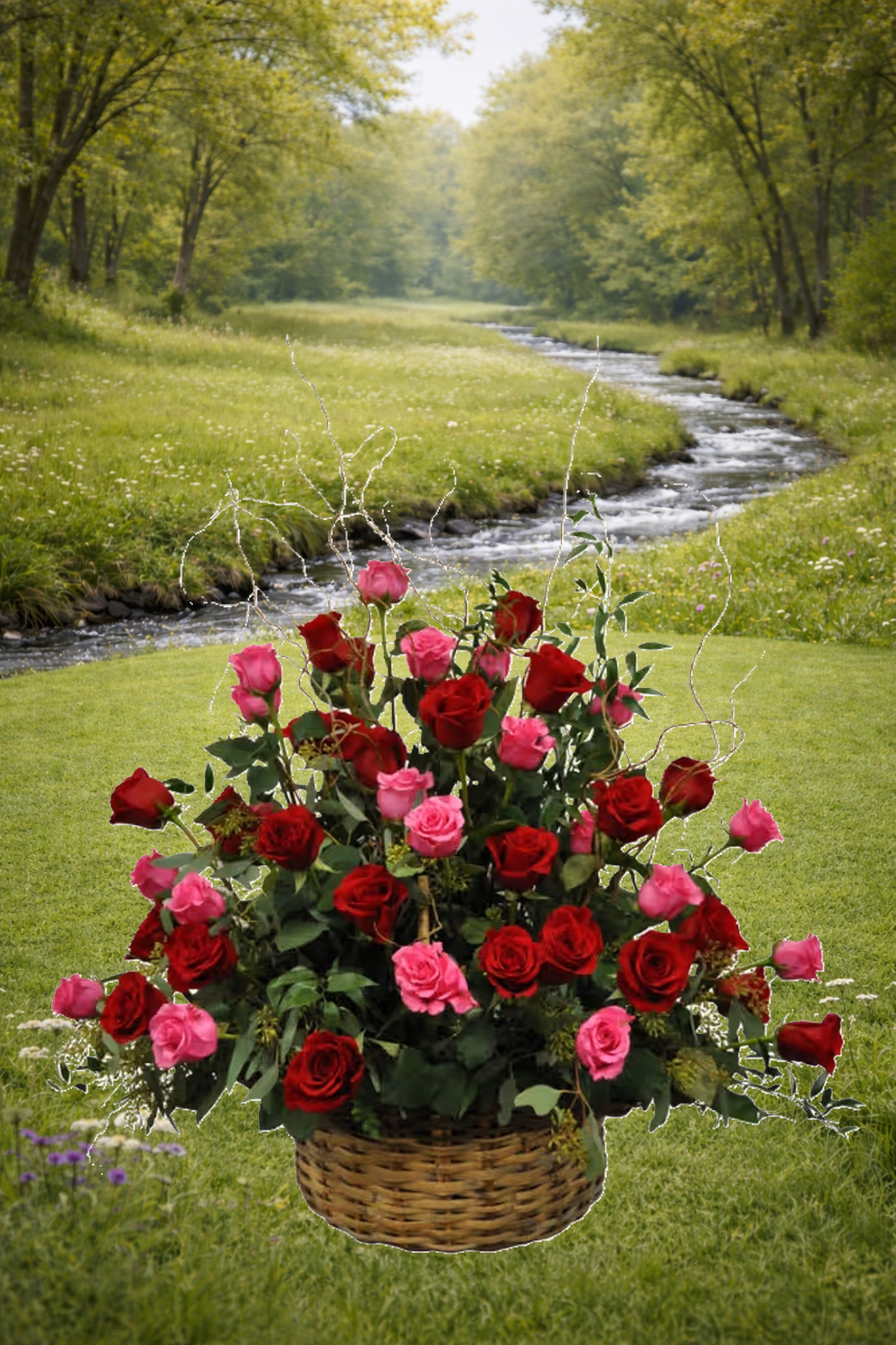 Large basket of red and pink roses arranged in a fan shape outdoors by a stream