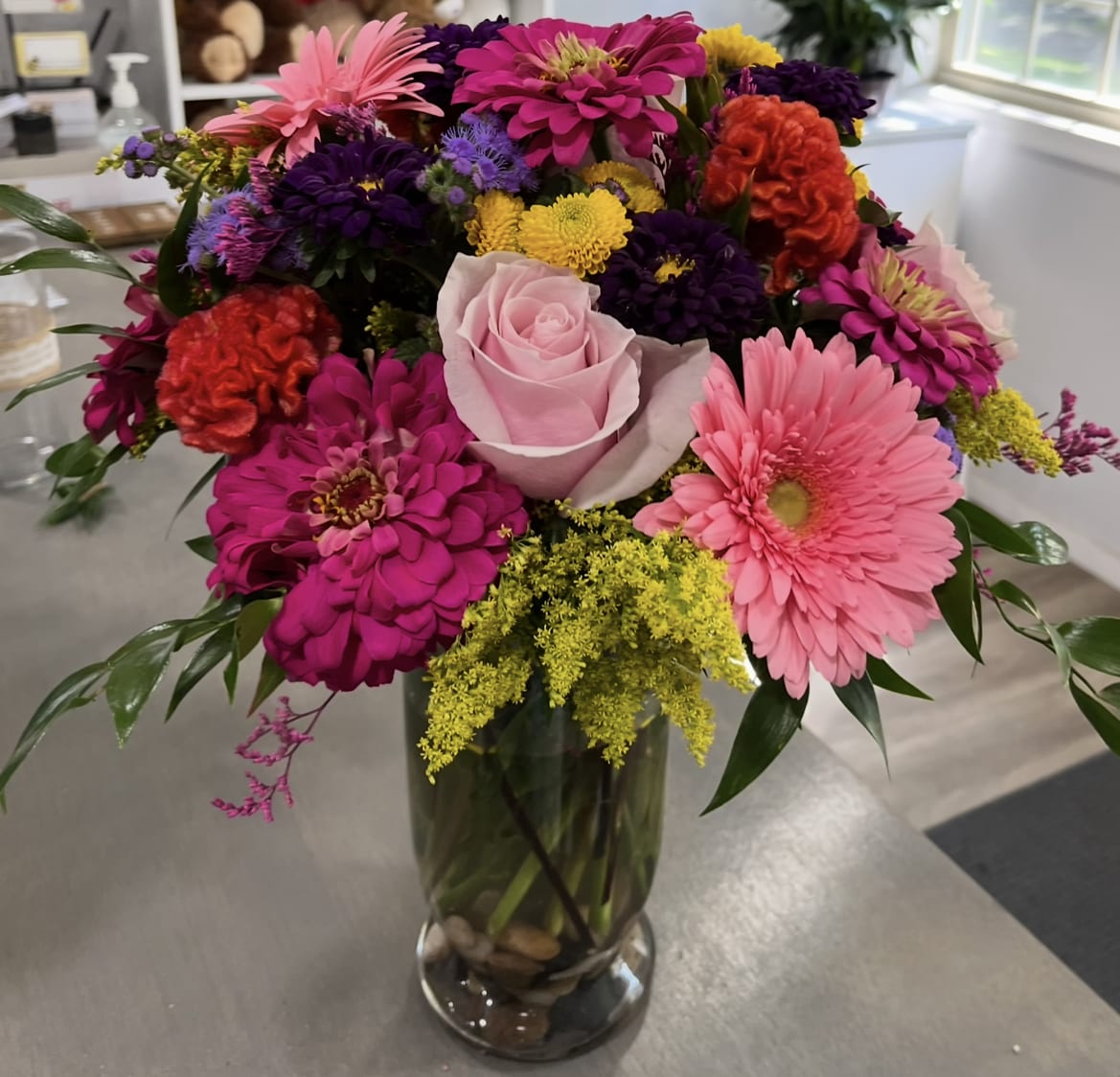 Here's The Party! - The party begins when this vase full of flowers and balloons arrives! Roses, Fuji mums, alstroemeria and more!