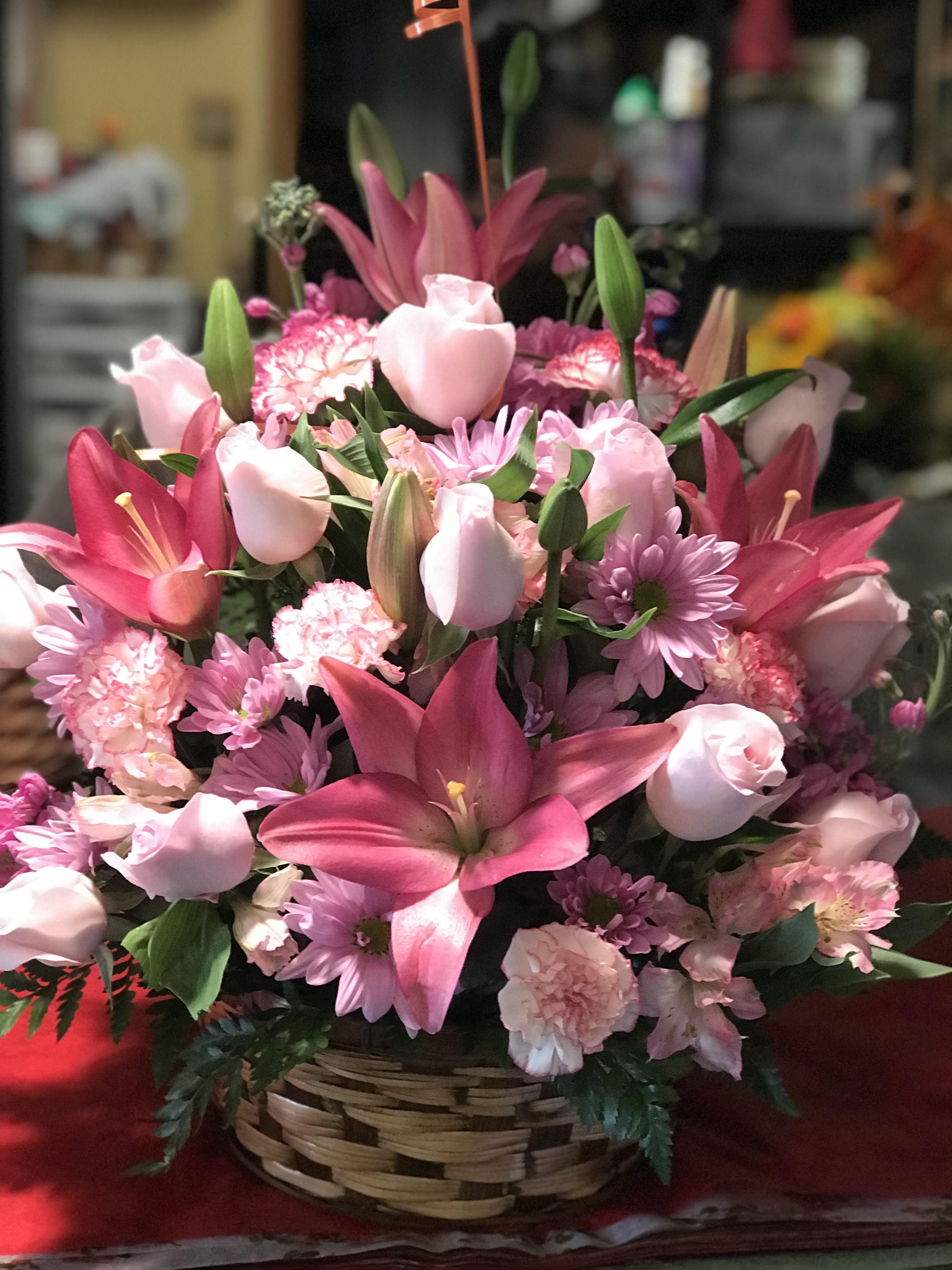 Blushing Bounty's - Sure to make them blush! Spoil them on their special day, or just because, with this luxurious lily and rose arrangement in gorgeous shades of blush pink - in one of our unique containers, baskets or vases