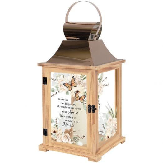 Carson Lantern - 18.5'' In Our Hearts - Butterfly - This lantern is made from quality wood and a stainless steel copper finish top. It features a built-in automatic timer which runs for 6 hours on and 18 hours off and is uv printed with a sentimental quote. DO NOT use fire burning candles in the lantern. Suitable for hanging or free-standing use inside. Recommended as an accent in floral arrangements for many occasions!  W: 9" H: 18.5" D: 9"