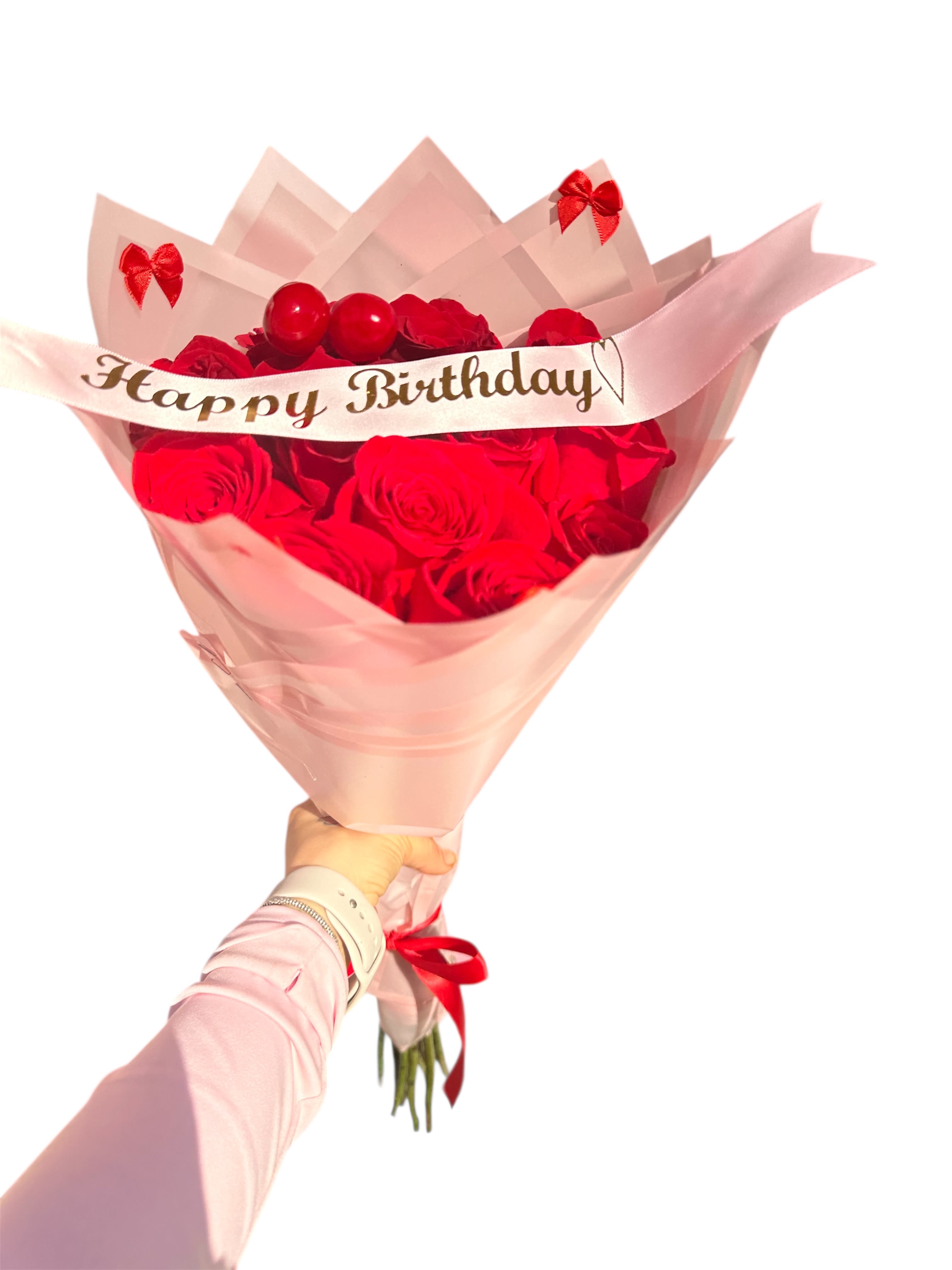 Coquette Bouquet no babies breath  - Red roses with cherries decorations and bows around . Standard 12 roses Deluxe 36 Premium 50 Roses