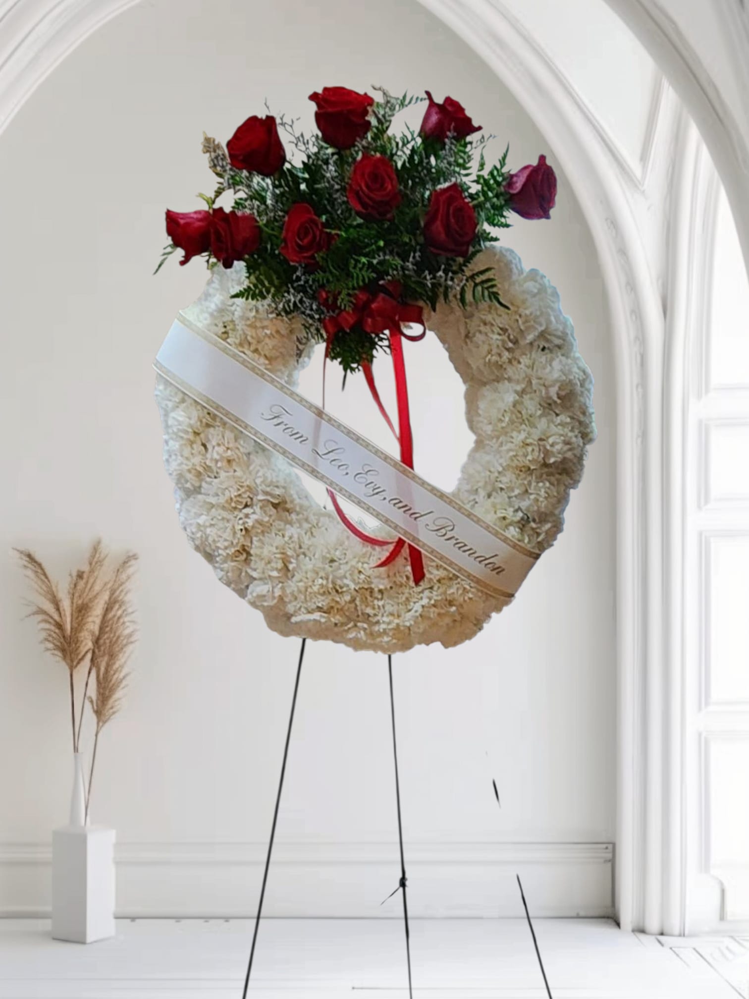 White and Red Circle - Round standing spray for funeral